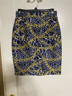 Diana Navy and Yellow Chain-Print Pencil lined Skirt, size 28